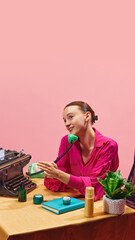 Businesswoman on phone call while applying face cream in retro-style office. Modern businesswoman managing both work and wellness. Concept of business, office humor, corporate life, skin care