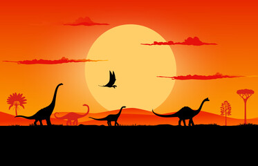 Sunset landscape, prehistoric dinosaur silhouettes on dusk evening background with tall trees. Vector sauropod dino terrain species and flying pterosaur shadows in front of large sun in orange sky © Vector Tradition