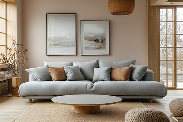 Minimalist, modern Scandinavian interiors in the living room with windows and a view of the sofa. Generative AI
