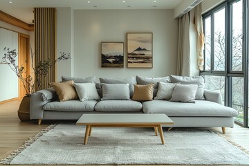 Minimalist, modern Scandinavian interiors in the living room with light mint-finished walls and sofas. Generative AI
