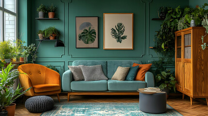 Green Living Room with Plants, Sofa, and Wooden Cabinet