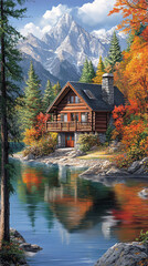 Fototapeta premium cabin next to a lake in the forest 