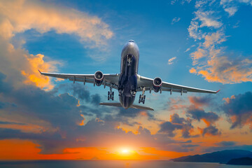 Airplane flying into the orange dawn sun tropical sunset background. Vacation, adventure and love concept