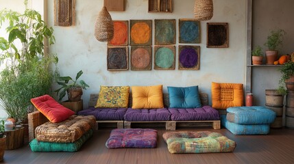 An eco-friendly living room with upcycled furniture, colorful cushions made from organic materials, and artwork made from recycled items adorning the walls.