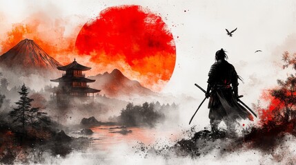 Obraz premium Samurai silhouette standing on a hill overlooking a misty Japanese landscape with a red sun in the sky and a temple behind him .