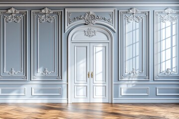 Fototapeta premium A beautifully designed interior featuring ornate walls and a double door, illuminated by natural light.