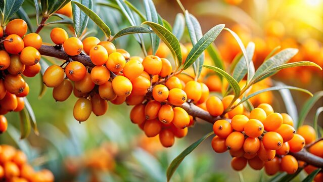 Branch of ripe sea buckthorn berries in a garden