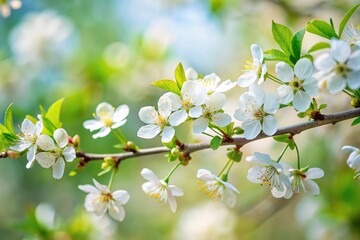 Obraz premium Branch with white flowers and green leaves at a tilted angle