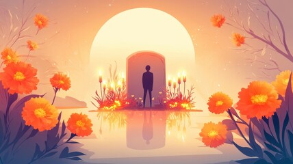 Reflective illustration of a figure at a gravestone surrounded by candles and marigolds, soft shadows and muted colors blending tradition with modern design. Day of the Dead