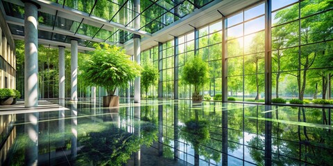 Architectural Photography of Green Leaves on the Floor in a Modern Space with Natural Light and Textured Surfaces