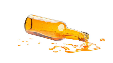 Fototapeta premium A bottle spills golden liquid on a black surface, creating a striking visual contrast and evoking a sense of richness and abundance.