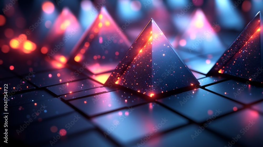 Poster Glowing pyramids arranged in a complex formation rest on a reflective surface, illuminated by vibrant lights that create an intriguing atmosphere at night.