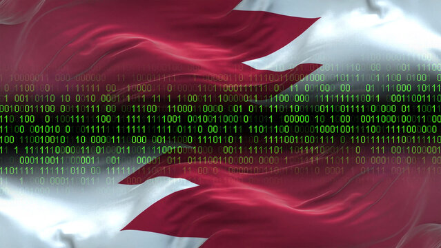 Bahrain flag - 3D realistic waving flag on matrix digital background with binary code
