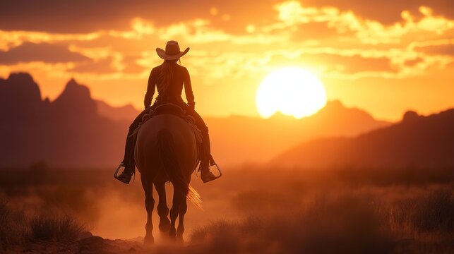 A woman is riding a horse in a desert at sunset