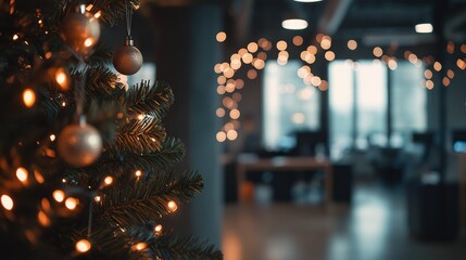 Minimalist holiday atmosphere with glowing lights and a decorated Christmas tree in a cozy office space during winter