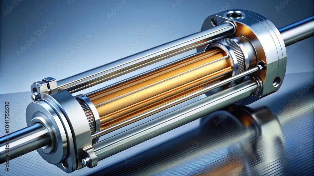 Poster a close-up view of a complex mechanical system featuring a metallic rod, intricate gears, and a glos