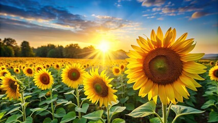 Fototapeta premium Bright and vibrant field of sunflowers at a tilted angle with the sun in the background