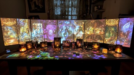 Futuristic multiplayer board game featuring a holographic interface that displays real time player statistics and data creating an immersive and technologically advanced gaming experience