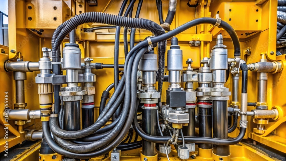 Poster a close-up view of a complex hydraulic system with interconnected hoses, valves, and cylinders, show