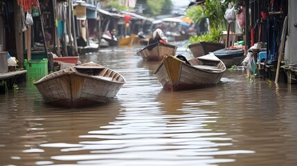 Obraz premium Tranquil Floating Market in Thailand with Boats on Serene Waterway and Reflections
