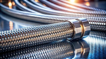 A Close-Up View of a Braided Metal Hose, with a Polished Chrome Fitting, Reflecting on a Shiny Surface