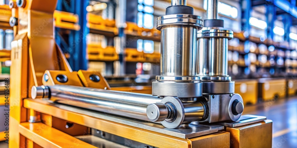 Aufkleber closeup of a shiny metal roller system with a yellow frame in an industrial setting