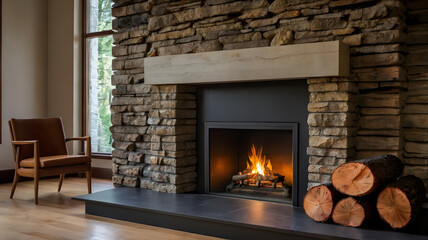 fireplace with burning logs, ai generated