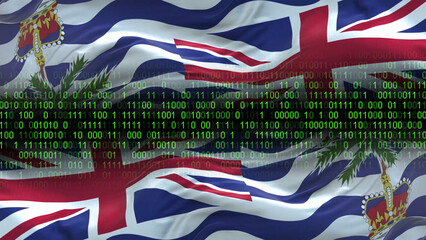 British Indian Ocean Territory flag - 3D realistic waving flag on matrix digital background with binary code