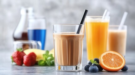 A variety of colorful drinks are arranged on a countertop. The display includes a creamy beverage with a straw, accompanied by orange, yellow, and blue drinks, alongside fresh fruits for a vibrant loo