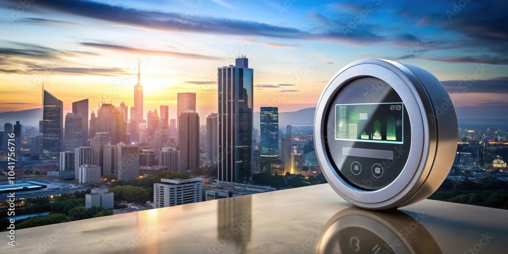Fototapete A circular futuristic display with a green digital interface stands on a rooftop overlooking a sprawling cityscape with a vibrant sunset in the background.