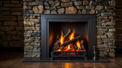 fireplace with burning logs, ai generated