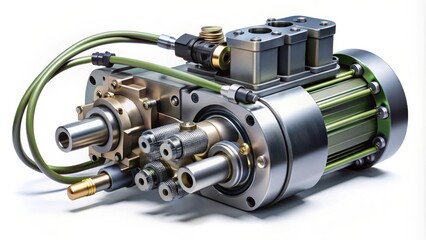 Industrial Precision Machinery Component A Detailed View of a Complex Gear System with Cylindrical Tubes, Tubing, and Green Piping