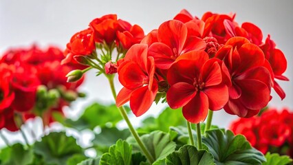 Bright red geranium flowers in bloom against white background panoramic image