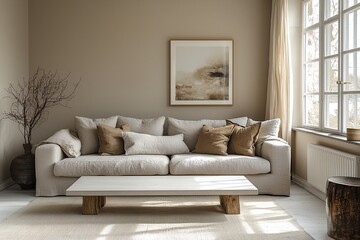 Obraz premium A modern interior with a Scandinavian interior finish to the spacious living room. Generative AI 