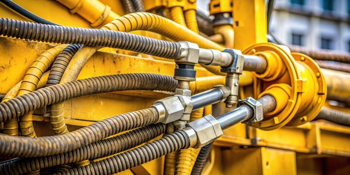 A close-up of a yellow hydraulic system with intricate hoses, fittings, and valves, showcasing the complexity of heavy machinery