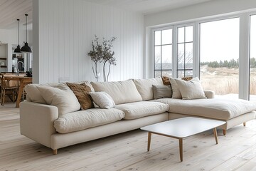 Fototapeta premium Minimalist, a modern Scandinavian interior with a sofa and table in a living room with large windows. Generative AI 
