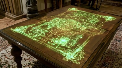 A modern minimalist board game setup with holographic projections of virtual resources and game tokens showcasing the of technology and strategy in a futuristic gaming experience