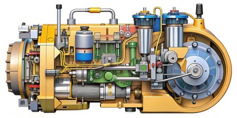 Detailed Cutaway View of a Complex Mechanical System with Exposed Gears, Pistons, and Interconnected Tubes