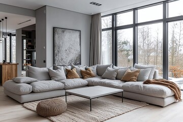Fototapeta premium Modern Scandinavian interiors in the living room with light grey finished walls and large windows. Generative AI 
