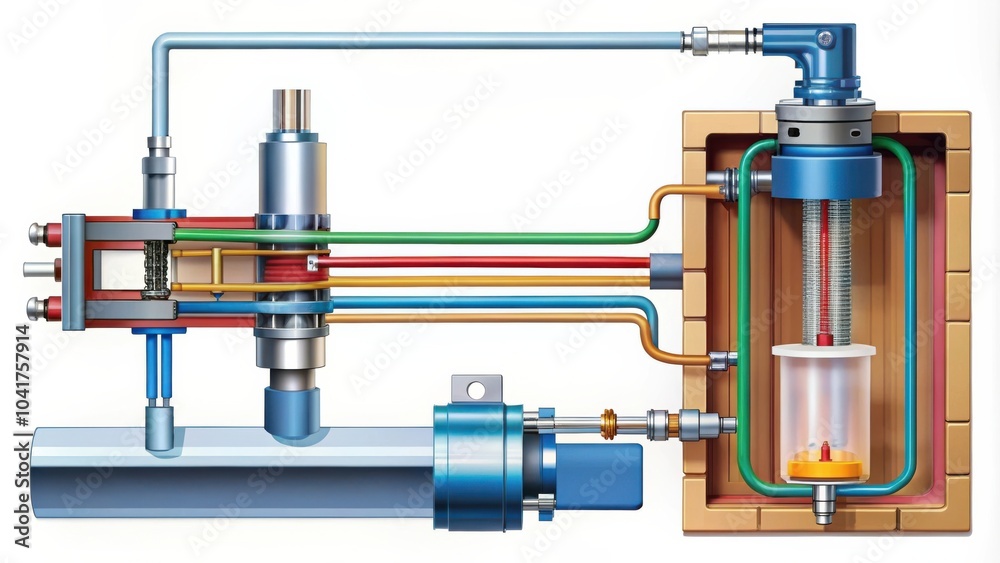 Poster diagram of a system featuring a cylindrical reactor vessel, a valve assembly, and a pipe system.