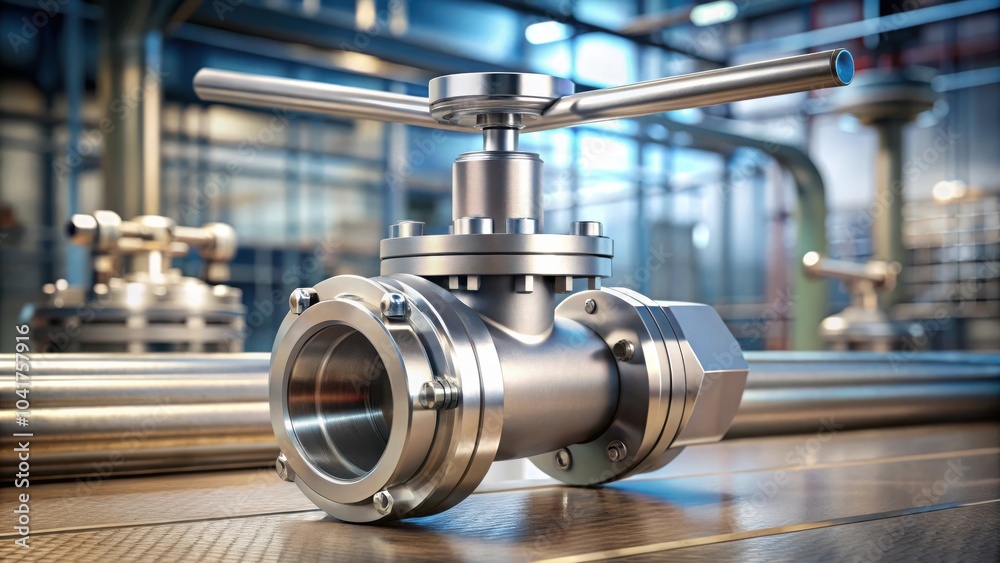 Leinwandbilder a shiny metal valve with a lever handle resting on a wooden surface in a factory setting