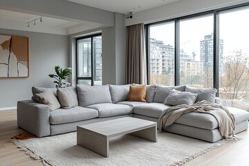 Minimalist, modern Scandinavian interiors in living rooms with light gray tones and sofas. Generative AI
