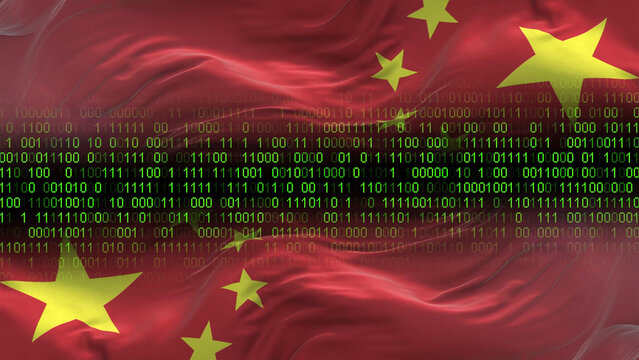 China flag - 3D realistic waving flag on matrix digital background with binary code