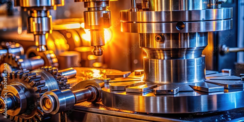 Poster close-up view of a complex machinery system, showcasing intricate metal gears and polished steel com