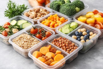 Brightly colored vegetables and grains are neatly arranged in clear containers on a countertop. This organized meal prep showcases a variety of fresh ingredients including broccoli, tomatoes, and carr