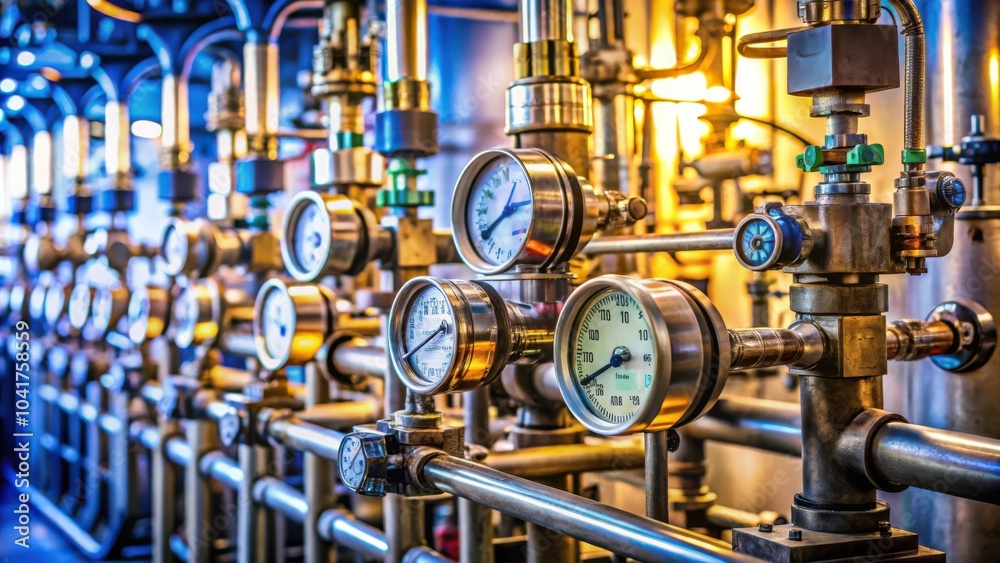 Poster A close-up of industrial gauges and valves, showcasing the intricate network of pipes and fittings that control and monitor the flow of fluids within a complex system.