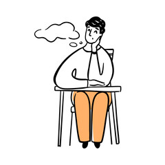 Worker or student by desk thinking about problem solution. Vector flat cartoon character, isolated personage with thought bubble, doodle or boy at school or job brainstorming for new ideas