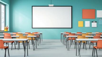 Modern Classroom Setting with Desks, Chairs, and Whiteboard for Academic Concepts.