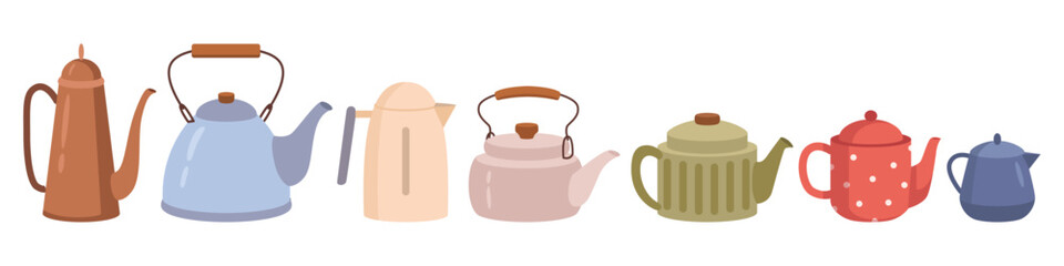 Teapots and kettles made of ceramics or metal for brewing and preparing hot tea beverage. Vector isolated pots with handles and lid, kitchenware for preparing drinks and aromatic liquid