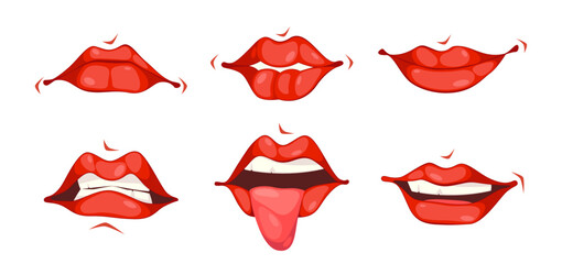 Face parts of cartoon character. Vector isolated set of mouths showing disgust and smile, grin and disgust. Irritated or annoyed personages facial expression. Lips sync, teeth and tongue for comic